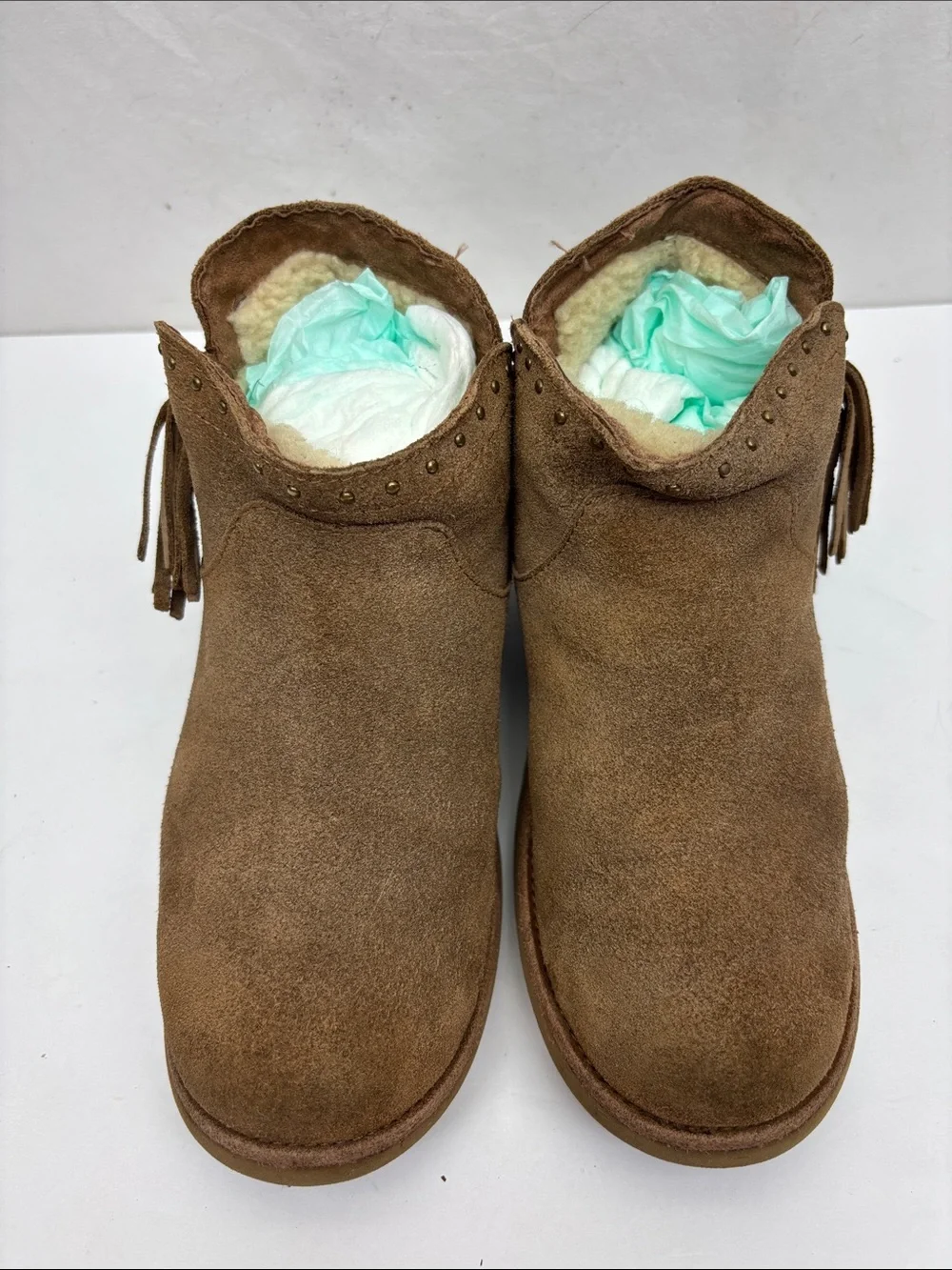 UGG Women’s Suede Fringe Ankle Bootie in Brown, size 3 for little girl, box 74